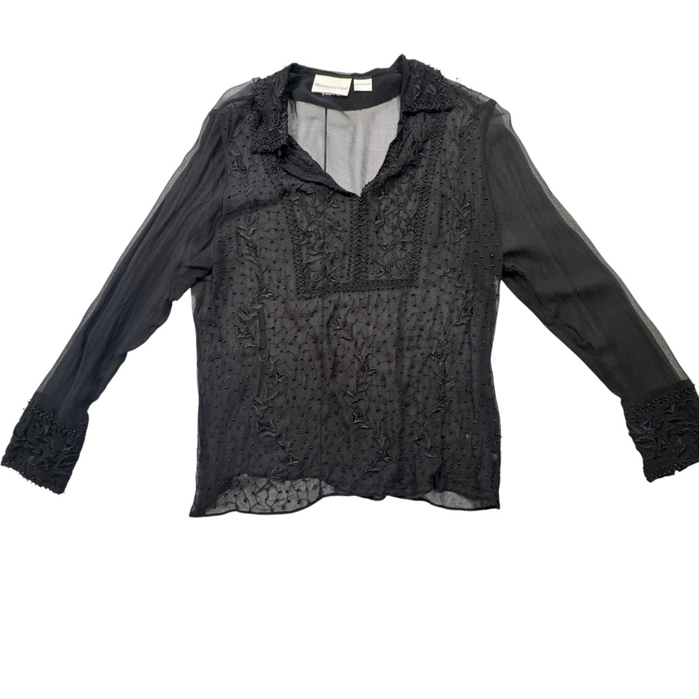 Worthington Blouse Women Small Black Sheer Silk Beaded Embroidered Whimsigoth